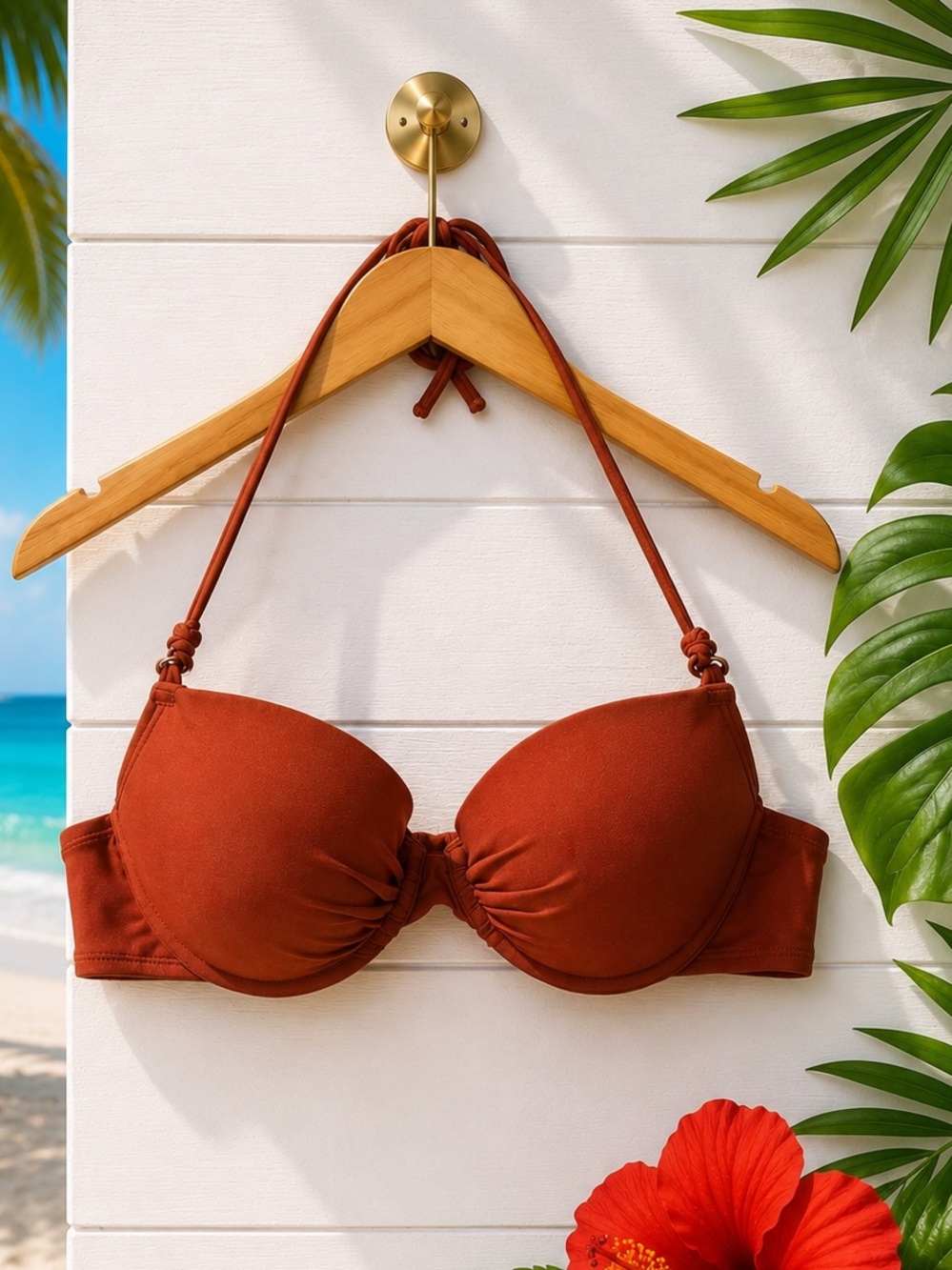 🍂 Aerie Burnt Orange Underwire Bikini Swim Top 36C Gold Strap Detail